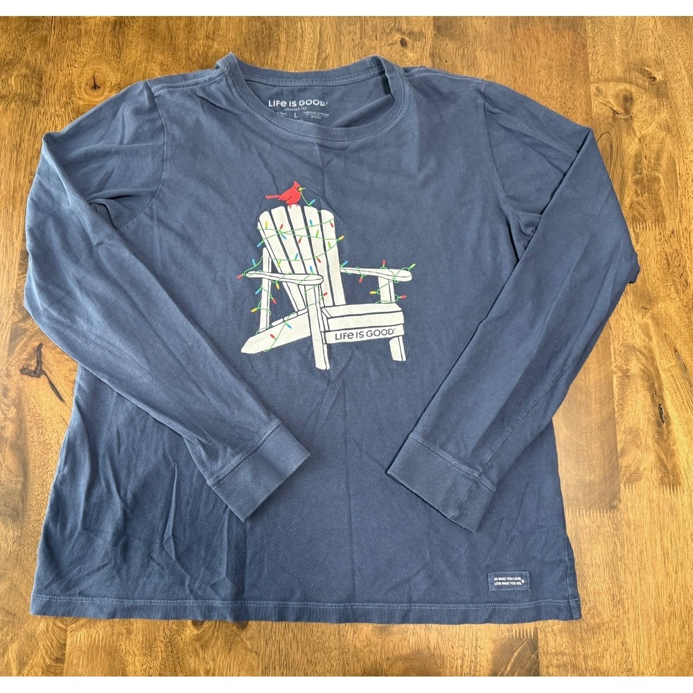 EUC Womens Life is Good Snowy Adirondack Cardinal Long Sleeve Crusher Tee blue L